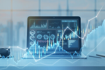 Poster - Close up of laptop at table with glowing candlestick forex chart on blurry wallpaper. Trade, finance and technology concept. Double exposure.