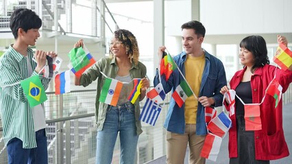 Poster - Multinational group with bunting flags. International exchange.