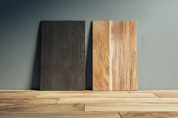 Poster - Two blank wooden panel leaning on concrete wall. Design and mock up template. 3D Rendering.