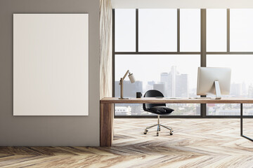 Poster - Modern office interior with empty white mock up banner on wall, wooden flooring, equipment, furniture and panoramic window with city view. 3D Rendering.