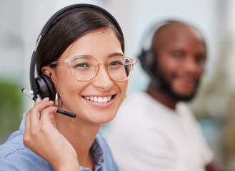 Poster - Crm, portrait and woman employee with smile for customer service, help or telemarketing. Face, consultation and happiness of call center consultant with phone support and connect for agent consulting