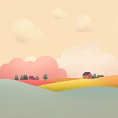 illustration of landscape on a plain pastel background in a drawn kids style
