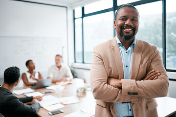Poster - Business, black man and smile in portrait with arms crossed, leadership and meeting with group for corporate project. Team leader, management and confidence with male person in conference room