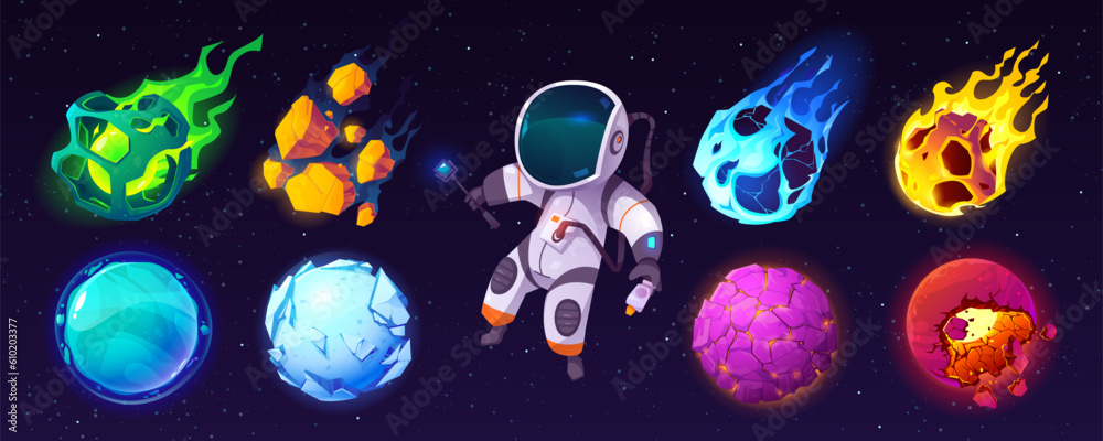 Planet and astronaut cartoon game illustration set. Fantasy world ui ...