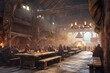 Rustic Viking feast hall, where long wooden tables are laden with roasted meats, hearty stews, and flagons of mead illustration generative ai