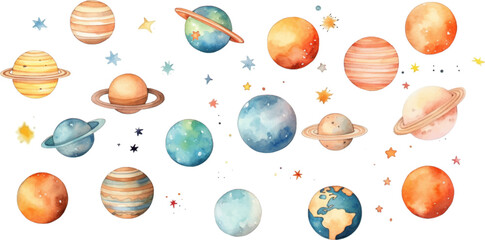 Wall Mural - set planet watercolor for kids easy drawing kids style cut