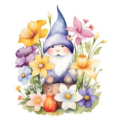 Wall Mural - Watercolor Garden gnome with flowers Clipart Element Printable Commercial use