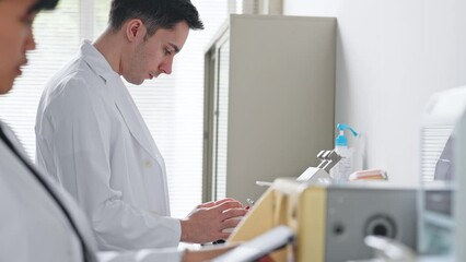 Poster - Multinational researcher group experimenting in the lab. Research and Development.