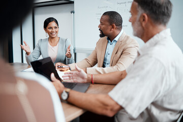 Poster - Business people, meeting and planning for strategy, brainstorming or sharing ideas at the office. Woman, group or employees in team discussion, collaboration or project in conference at the workplace
