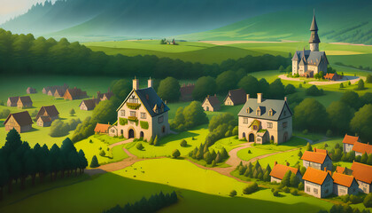 Poster - A Beautiful Painting of a Medieval Village Surrounded by Forests, Valleys, and Highlands. Wooden Cottages. Silence and Tranquility. Spring or Summer. Fairy-tale Atmosphere. Cartoon. Generative AI