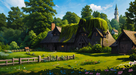 Wall Mural - A Beautiful Painting of a Medieval Village Surrounded by Forests, Valleys, and Highlands. Wooden Cottages. Silence and Tranquility. Spring or Summer. Fairy-tale Atmosphere. Cartoon. Generative AI