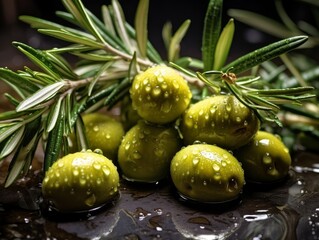 Wall Mural - green olives glistening with oil, accompanied by sprigs of fresh rosemary and some feta cheese