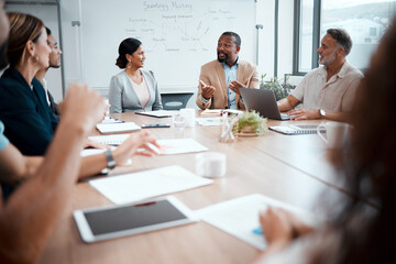 Aufkleber - Business people, corporate and meeting in planning for strategy, brainstorming or sharing ideas at office. Group of employees in team discussion, collaboration or plan in conference at the workplace
