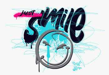 vector smile illustration design graphics tshirt prints, urban graffiti street art style smile sloga