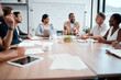 canvas print picture - Business people, teamwork and meeting for strategy, planning or corporate brainstorming discussion at office. Group of employees in team collaboration or communication in conference at the workplace