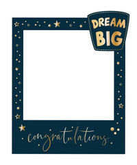 Wall Mural - Graduation party photo booth props. Frame with congratulations lettering text. Photobooth vector element. Concept for selfie. Congrats grad quote. Gold and black decoration for celebration. Celebrate