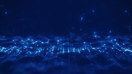 Poster - Abstract concepts of cybersecurity technology and digital data protection. Protect internet network connection with polygons, dots and lines with dark blue background, center focus, side blur.
