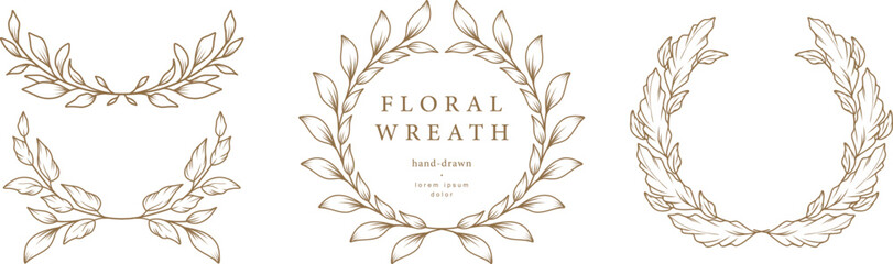 Wall Mural - Laurel wreaths set. Hand drawn line floral frame. Vector illustration with branches and leaves for label, business identity, wedding invitation, greeting card, diploma.