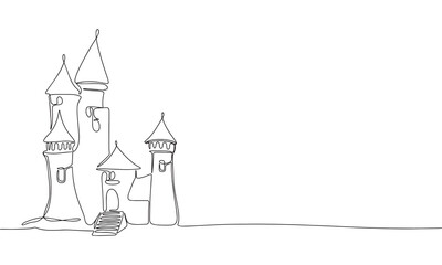 Fairy castle isolated on white background. One line continuous marvelous castle. Line art outline vector illustration.