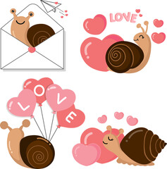 Wall Mural - Valentine's day collection with cute snail and love elements.  Png clipart isolated on transparent background