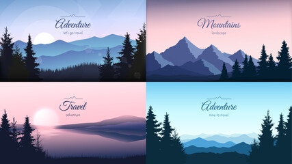 Wall Mural - collection of mountain landscapes. a panoramic view of the mountains, coniferous forests, a lake in 