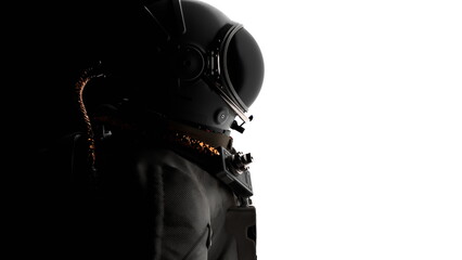 Wall Mural - portrait of astronaut cosmonaut on black background looking into distance. 3d render