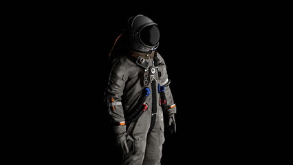 Wall Mural - portrait of astronaut cosmonaut on black background looking into distance. 3d render