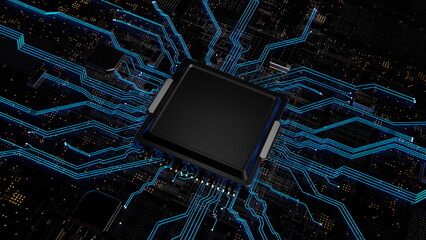 Poster - computer chip processor on motherboard glows blue. artificial intelligence graphics chip, mining, di