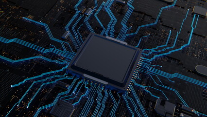 Poster - ai computer chip processor on motherboard glows blue. artificial intelligence graphics chip, mining,