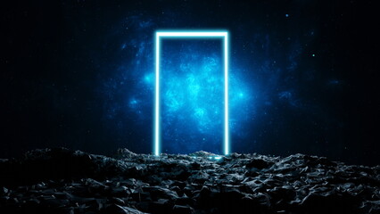 Fototapete - Glowing doorway portal in space on a stone planet. A door to other worlds. 3d render