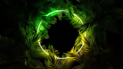 Poster - Neon glowing circle ring in palm leaves, tropical dark background. Blue purple yellow green color. Glowing linear volumetric neon round circle. 3d render