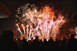 Silhouette of celebrating people in front of colorful fireworks. Concept of New Year Eve party.Cheering crowd.