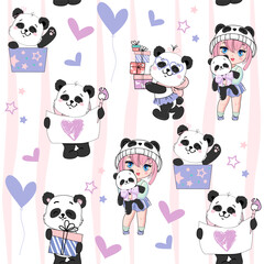 Wall Mural - Cute baby panda, anime little girl and gift boxes in kawaii doodle style. Happy Birthday concept. Vector cartoon illustration seamless pattern