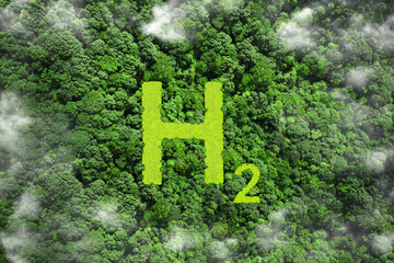 Wall Mural - h2 eco technology renewable clean energy. h2 symbol on green grass in the forest. green energy hydro