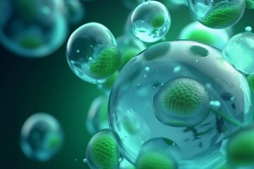 flourishing life: photorealistic rendering of cells in fluid on a green background