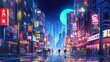 © Andrey - Background Tokyo crossing shibuya. A vibrant banner design with a captivating illustration of a neon-lit Tokyo crossing against an abstract background. Generative AI.