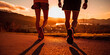 © Farnaces - Close up of couple of runners training outdoors at sunset. Generative AI