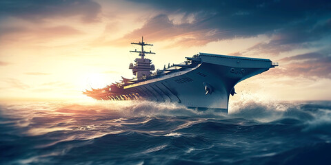 Aircraft carrier crossing the calm ocean at sunset on background. Postproducted generative AI illustration.