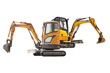 Wall Mural - Mini excavators excavator isolated on white background. Construction equipment for earthworks in cramped conditions. Rental of construction equipment.