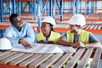 Poster - Business people, architect and blueprint laughing in construction, planning or funny team building on site. Happy contractor in teamwork, laugh or project plan in fun industrial architecture together