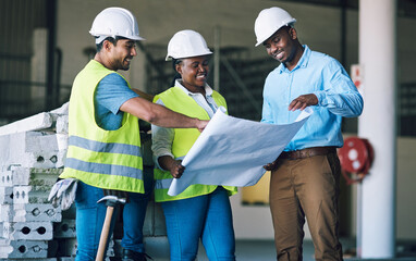 Poster - Engineer people, blueprint and documents in team construction, planning or strategy on site. Architect group in teamwork discussion, collaboration or building floor plan for industrial architecture