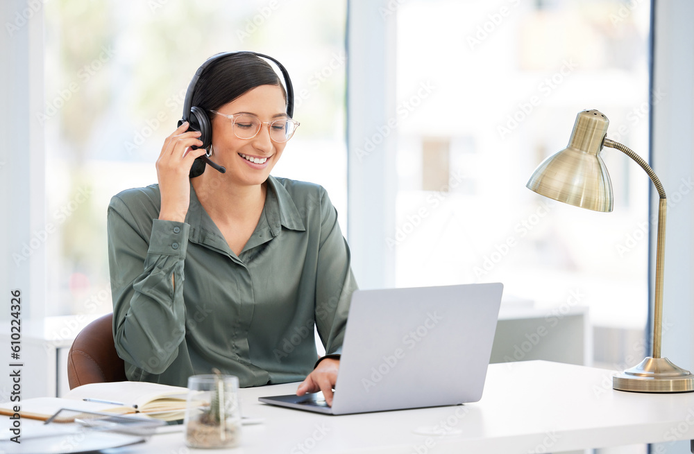 Call center, laptop and business woman, telecom consultant or advisor ...