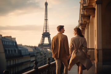 Travel, vacation, romance concept. Young couple walking in Paris. Eiffel tower in background. Man and woman view from behind. Generative AI