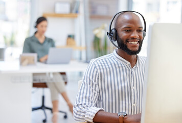 Poster - call center, computer and happy man, virtual consultant or advisor in customer support, online advic