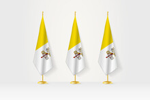 Three Vatican City Flags In A Row On A Golden Stand, Illustration Of Press Conference And Other Meetings.