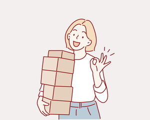 woman smiling and holding package parcel box isolated on white background, Delivery courier and shipping service concept. Hand drawn style vector design illustrations.