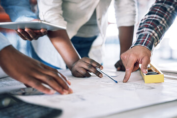 Poster - Business people, hands and blueprint for construction, planning or architect teamwork at office desk. Closeup of engineering team pointing to floor plan for architecture building or strategy on site