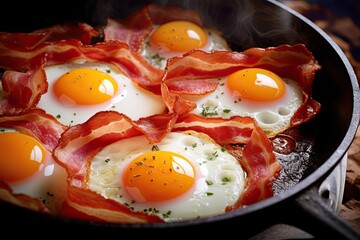 Scrambled eggs and bacon on frying pan close-up.ai generated