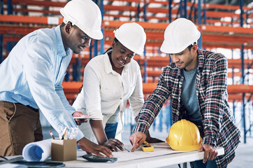 Poster - Happy people, architect and meeting on blueprint for construction, planning or collaboration on site. Group in teamwork engineering for floor plan, architecture project or building strategy
