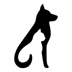 Dog and cat black profile silhouette. Pets sit together, side view isolated on white background. Design for veterinary clinic, shop, animal business. Vector